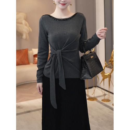 時尚系帶收腰設計長袖針織衫女2025秋冬新款氣質顯瘦媽媽打底上衣