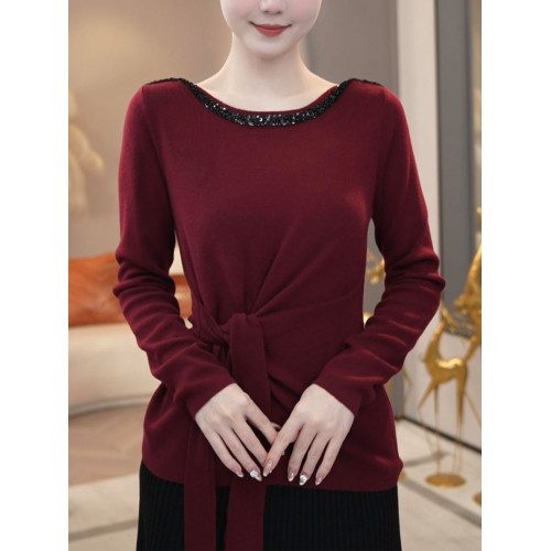 時尚系帶收腰設計長袖針織衫女2025秋冬新款氣質顯瘦媽媽打底上衣