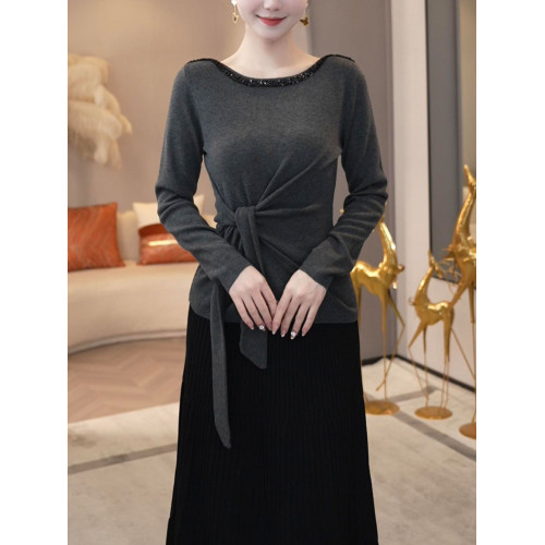 時尚系帶收腰設計長袖針織衫女2025秋冬新款氣質顯瘦媽媽打底上衣