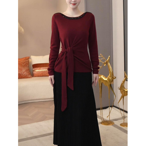 時尚系帶收腰設計長袖針織衫女2025秋冬新款氣質顯瘦媽媽打底上衣