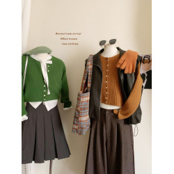 軟糯坑條長袖落日南瓜橘針織開衫女秋冬短款顯白洋氣圓領毛衣外套