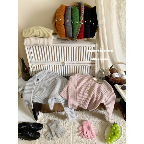 軟糯坑條長袖落日南瓜橘針織開衫女秋冬短款顯白洋氣圓領毛衣外套