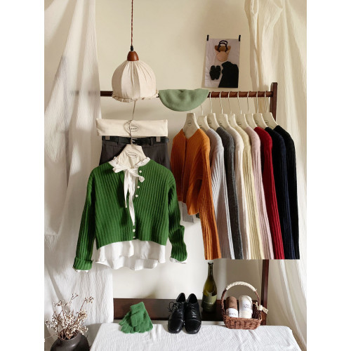 軟糯坑條長袖落日南瓜橘針織開衫女秋冬短款顯白洋氣圓領毛衣外套