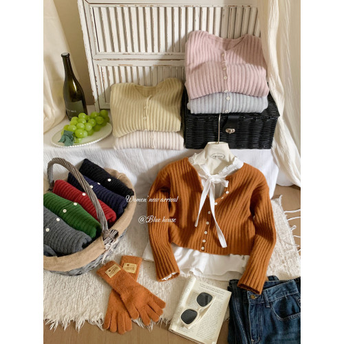 軟糯坑條長袖落日南瓜橘針織開衫女秋冬短款顯白洋氣圓領毛衣外套