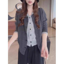 大碼連帽假兩件針織衫女秋季胖MM顯瘦寬松慵懶風長袖毛衣開衫上衣