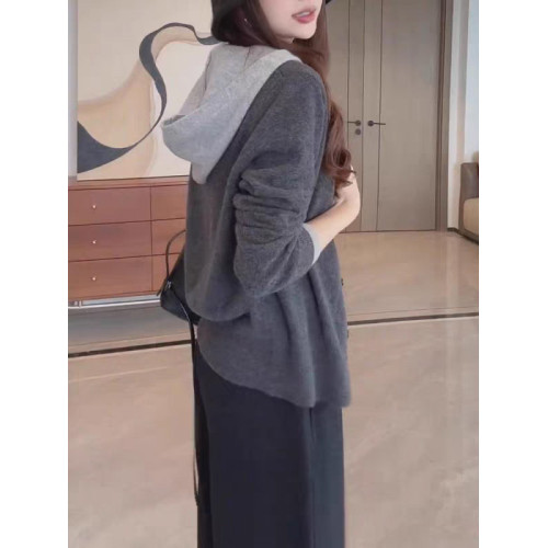 大碼連帽假兩件針織衫女秋季胖MM顯瘦寬松慵懶風長袖毛衣開衫上衣