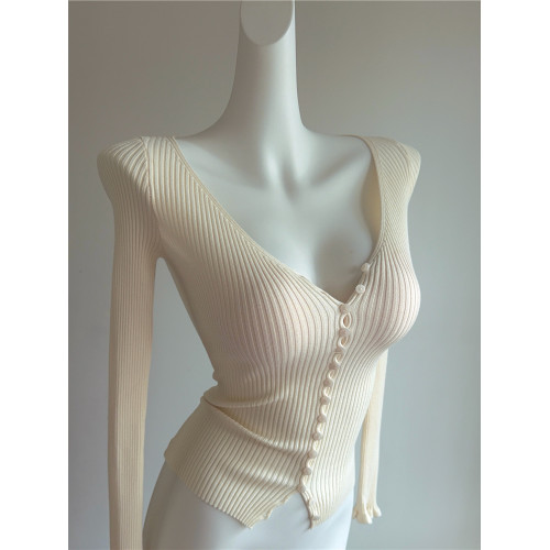 顔色絕美！自畱款 V領顯瘦長袖針織開衫女早秋基礎款坑條單穿上衣