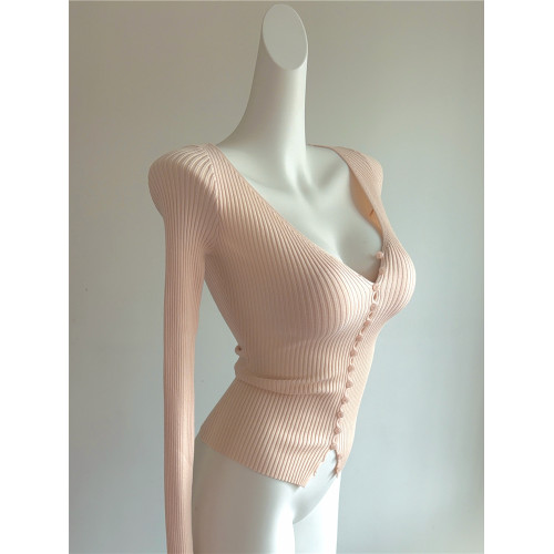 顔色絕美！自畱款 V領顯瘦長袖針織開衫女早秋基礎款坑條單穿上衣