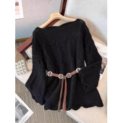 韓系洋氣減齡腰帶收腰顯瘦毛衣女早秋時尚鏤空長袖針織衫罩衫上衣