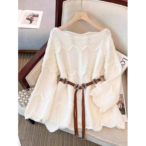 韓系洋氣減齡腰帶收腰顯瘦毛衣女早秋時尚鏤空長袖針織衫罩衫上衣