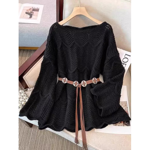 韓系洋氣減齡腰帶收腰顯瘦毛衣女早秋時尚鏤空長袖針織衫罩衫上衣