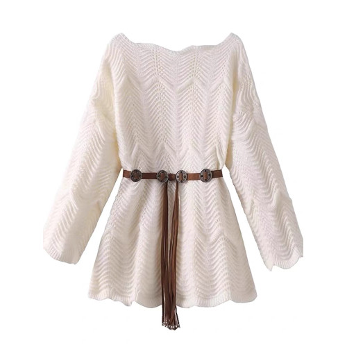 韓系洋氣減齡腰帶收腰顯瘦毛衣女早秋時尚鏤空長袖針織衫罩衫上衣