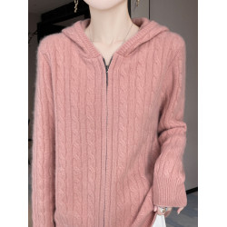 羊毛開衫女連帽拉鍊毛衣麻花秋冬季新款寬松加厚針織羊絨外套