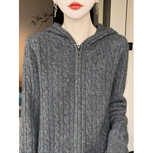 羊毛開衫女連帽拉鍊毛衣麻花秋冬季新款寬松加厚針織羊絨外套 羊毛開衫女連帽拉鍊毛衣麻花秋冬季新款寬松加厚針織羊絨外套