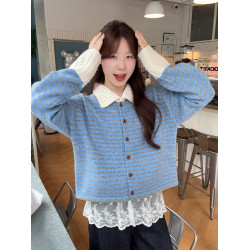 2025秋季新款慵懶風設計感撞色翻領條紋毛衣女寬松長袖針織上衣潮