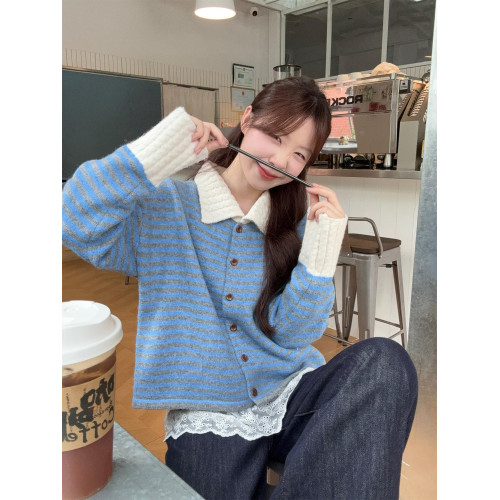 2025秋季新款慵懶風設計感撞色翻領條紋毛衣女寬松長袖針織上衣潮 2025秋季新款慵懶風設計感撞色翻領條紋毛衣女寬松長袖針織上衣潮