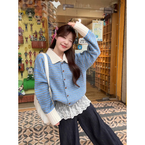 2025秋季新款慵懶風設計感撞色翻領條紋毛衣女寬松長袖針織上衣潮 2025秋季新款慵懶風設計感撞色翻領條紋毛衣女寬松長袖針織上衣潮