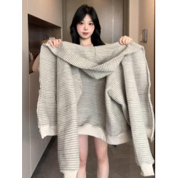 連帽衛衣外套女春秋季2025新款韓系慵懶拉鍊條紋開衫上衣早秋穿搭