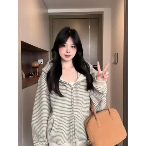 連帽衛衣外套女春秋季2025新款韓系慵懶拉鍊條紋開衫上衣早秋穿搭 連帽衛衣外套女春秋季2025新款韓系慵懶拉鍊條紋開衫上衣早秋穿搭