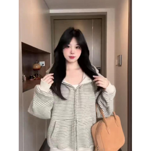 連帽衛衣外套女春秋季2025新款韓系慵懶拉鍊條紋開衫上衣早秋穿搭 連帽衛衣外套女春秋季2025新款韓系慵懶拉鍊條紋開衫上衣早秋穿搭