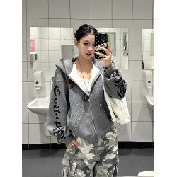 爆爆糖美式復古哥特式字母華夫格連帽衛衣外套男女秋寬松開衫上衣