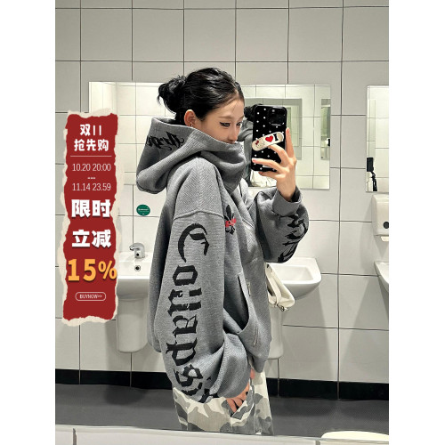 爆爆糖美式復古哥特式字母華夫格連帽衛衣外套男女秋寬松開衫上衣 爆爆糖美式復古哥特式字母華夫格連帽衛衣外套男女秋寬松開衫上衣