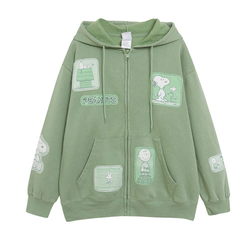 卡通動漫貼布綉做舊長袖連帽拉鍊外套 寬鬆加絨字母刺綉衛衣