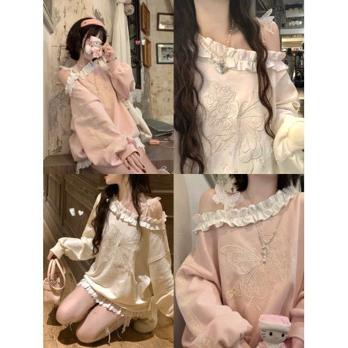 【ALITTLE 亂糟糟】“草莓牛奶”韓系木耳立體花邊蝴蝶露肩衛衣秋 【ALITTLE 亂糟糟】“草莓牛奶”韓系木耳立體花邊蝴蝶露肩衛衣秋