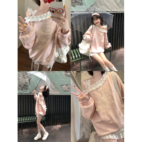 【ALITTLE 亂糟糟】“草莓牛奶”韓系木耳立體花邊蝴蝶露肩衛衣秋 【ALITTLE 亂糟糟】“草莓牛奶”韓系木耳立體花邊蝴蝶露肩衛衣秋