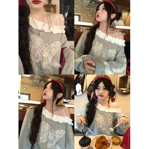 【ALITTLE 亂糟糟】“草莓牛奶”韓系木耳立體花邊蝴蝶露肩衛衣秋 【ALITTLE 亂糟糟】“草莓牛奶”韓系木耳立體花邊蝴蝶露肩衛衣秋