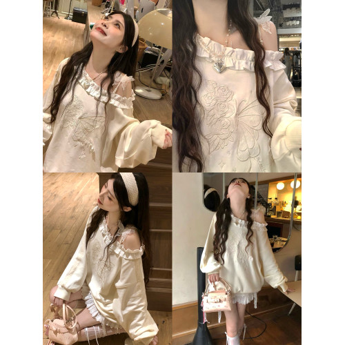 【ALITTLE 亂糟糟】“草莓牛奶”韓系木耳立體花邊蝴蝶露肩衛衣秋 【ALITTLE 亂糟糟】“草莓牛奶”韓系木耳立體花邊蝴蝶露肩衛衣秋