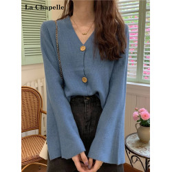 拉夏貝爾藍色V領喇叭袖針織開衫女秋冬新款內搭毛衣外套長袖上衣