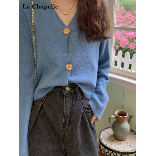 拉夏貝爾藍色V領喇叭袖針織開衫女秋冬新款內搭毛衣外套長袖上衣 拉夏貝爾藍色V領喇叭袖針織開衫女秋冬新款內搭毛衣外套長袖上衣