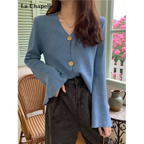 拉夏貝爾藍色V領喇叭袖針織開衫女秋冬新款內搭毛衣外套長袖上衣 拉夏貝爾藍色V領喇叭袖針織開衫女秋冬新款內搭毛衣外套長袖上衣