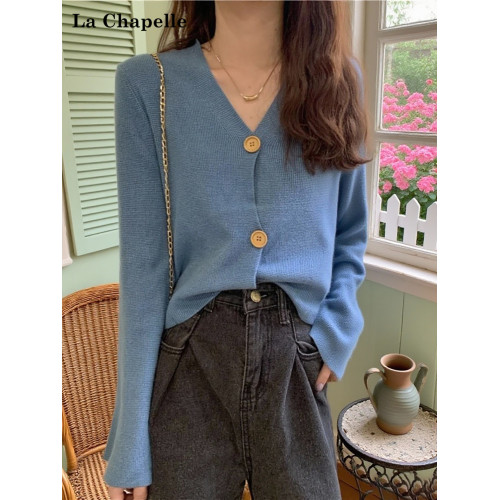 拉夏貝爾藍色V領喇叭袖針織開衫女秋冬新款內搭毛衣外套長袖上衣 拉夏貝爾藍色V領喇叭袖針織開衫女秋冬新款內搭毛衣外套長袖上衣