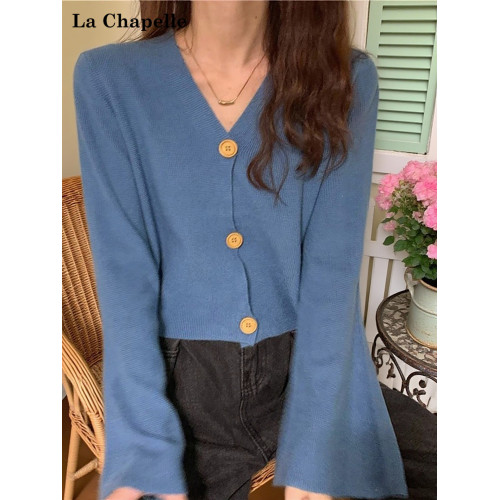 拉夏貝爾藍色V領喇叭袖針織開衫女秋冬新款內搭毛衣外套長袖上衣 拉夏貝爾藍色V領喇叭袖針織開衫女秋冬新款內搭毛衣外套長袖上衣