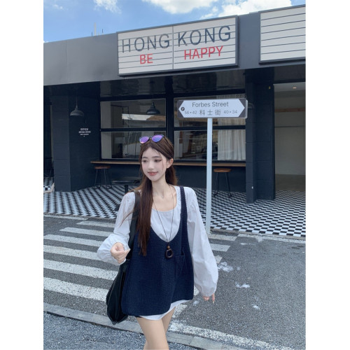 韓版曡穿時尚套裝女秋季2025新款打底長袖襯衫針織背心上衣兩件套 韓版曡穿時尚套裝女秋季2025新款打底長袖襯衫針織背心上衣兩件套