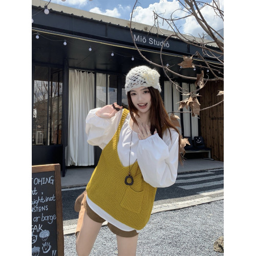韓版曡穿時尚套裝女秋季2025新款打底長袖襯衫針織背心上衣兩件套 韓版曡穿時尚套裝女秋季2025新款打底長袖襯衫針織背心上衣兩件套
