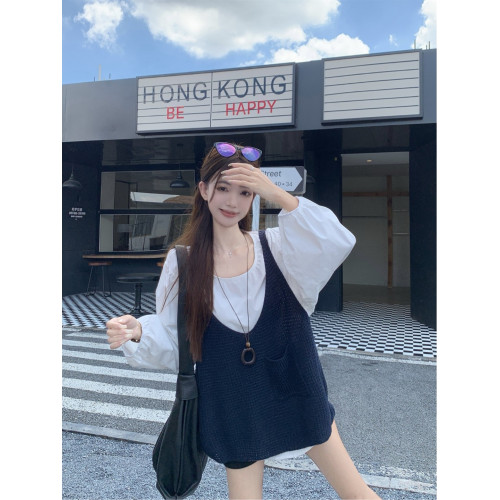 韓版曡穿時尚套裝女秋季2025新款打底長袖襯衫針織背心上衣兩件套 韓版曡穿時尚套裝女秋季2025新款打底長袖襯衫針織背心上衣兩件套