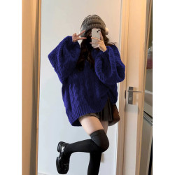 200斤胖MM慵懶復古V領寬松藍紫色麻花毛衣女學生秋冬外穿百搭針織