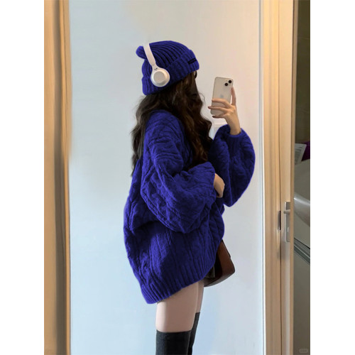 200斤胖MM慵懶復古V領寬松藍紫色麻花毛衣女學生秋冬外穿百搭針織 200斤胖MM慵懶復古V領寬松藍紫色麻花毛衣女學生秋冬外穿百搭針織