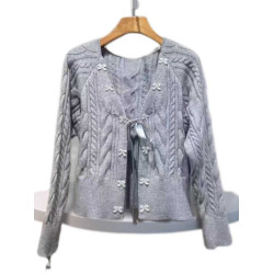 蝴蝶結灰色v領麻花毛衣開衫女早秋溫柔慵懶寬松外搭短款針織外套