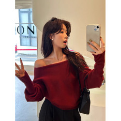 法式輕熟風一字領斜肩針織毛衣春秋冬季松弛感純欲上衣女打底衫潮