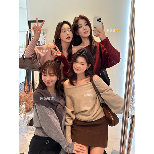 法式輕熟風一字領斜肩針織毛衣春秋冬季松弛感純欲上衣女打底衫潮 法式輕熟風一字領斜肩針織毛衣春秋冬季松弛感純欲上衣女打底衫潮