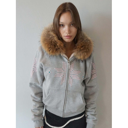 美式復古燙鑽毛領加絨連帽衛衣外套女冬季街頭龐克寬松棉服短外套 美式復古燙鑽毛領加絨連帽衛衣外套女冬季街頭龐克寬松棉服短外套