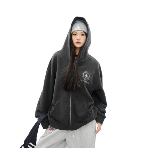 S3T5美式復古哥特風印花連帽衛衣男女新款寬松休閒開衫拉鍊外套潮