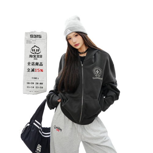 S3T5美式復古哥特風印花連帽衛衣男女新款寬松休閒開衫拉鍊外套潮