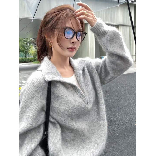 韓系灰色翻領毛衣女2025年秋季新款高級感氣質軟糯慵懶風針織上衣 韓系灰色翻領毛衣女2025年秋季新款高級感氣質軟糯慵懶風針織上衣