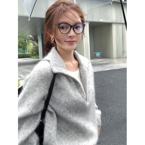 韓系灰色翻領毛衣女2025年秋季新款高級感氣質軟糯慵懶風針織上衣 韓系灰色翻領毛衣女2025年秋季新款高級感氣質軟糯慵懶風針織上衣