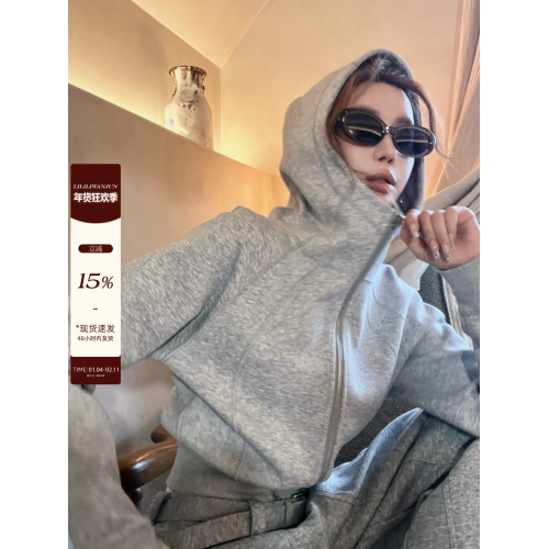 李婉君韓系灰色拉鍊衛衣女秋冬正反兩穿百搭休閒開衫上衣收腰外套